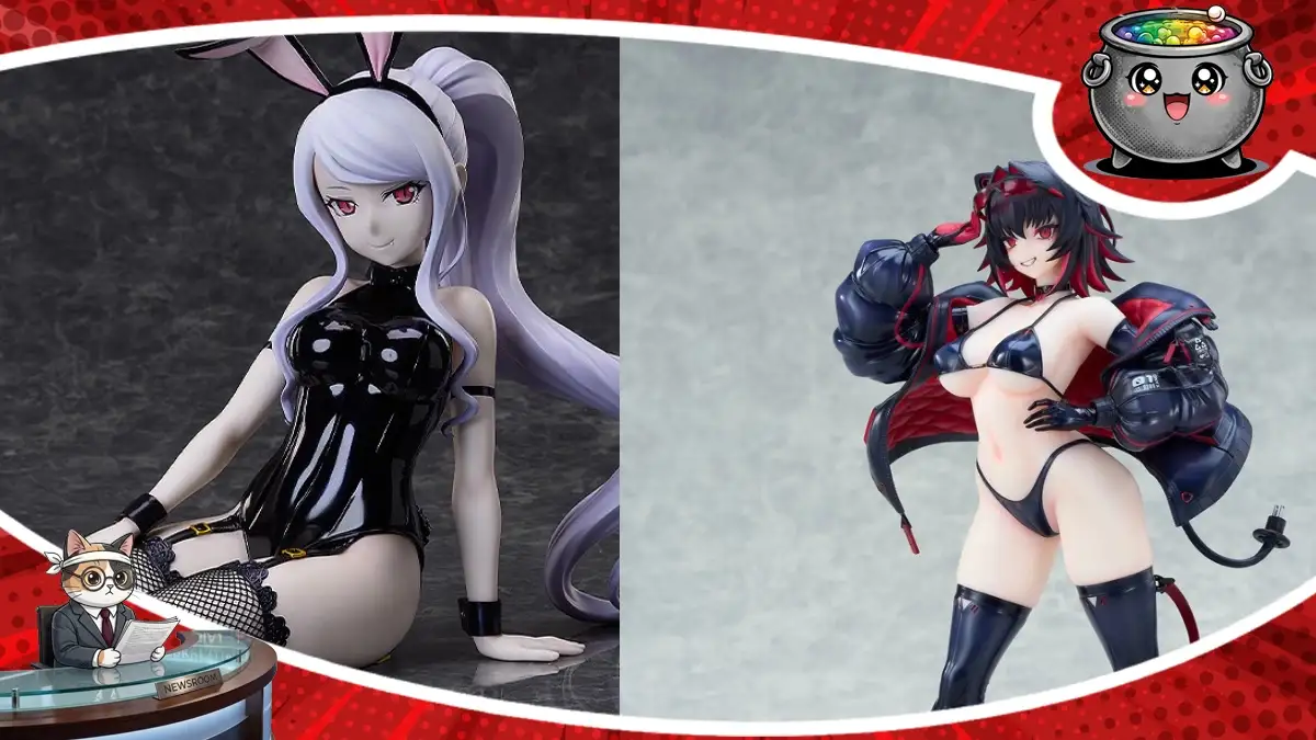 Kolekcjonerska figurka Shalltear z Overlord w czarnym stroju króliczka obok nowej figurki anime przedstawiającej postać w skąpym bikini i kurtce.