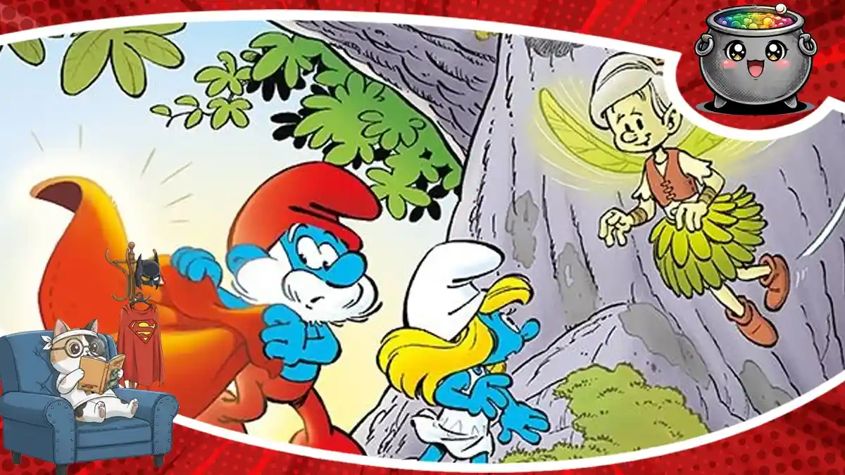 Kolorowy kadr z komiksu przedstawiający Smerfy odkrywające tajemniczą pelerynę oraz magiczną postać w lesie, idealny dopełniający recenzję albumu.