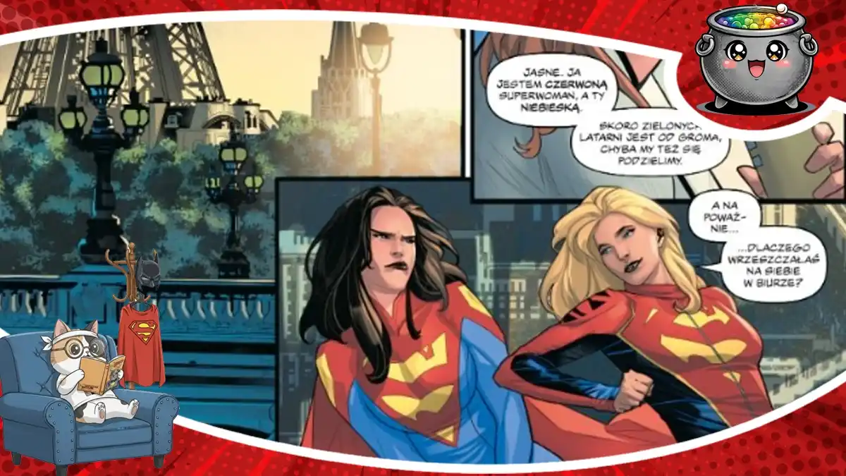 Strona z komiksu Superman: Superwoman tom 1 prezentująca postacie w czerwono-niebieskich strojach podczas rozmowy.