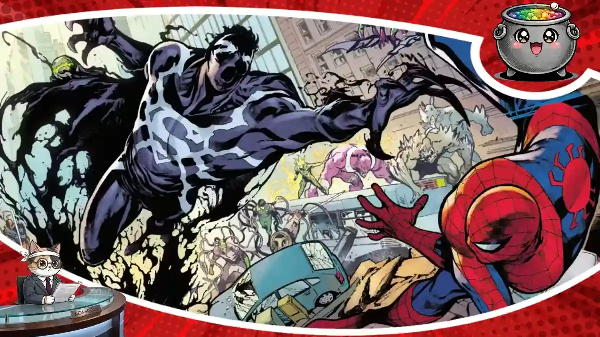 Dynamiczny kadr z komiksu prezentujący mroczne połączenie Supermana i Venoma, tworzące potężną hybrydę SuperVenoma w starciu ze Spider-Manem.