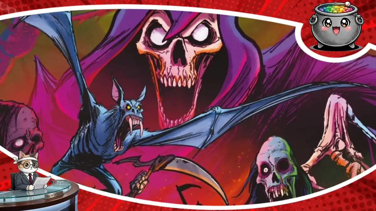 Grafika do newsa o komiksie w uniwersum Vampire Survivors, przedstawiająca złowrogie potwory, czaszki oraz nietoperza w mrocznej, komiksowej stylistyce, na platformach: nie wiadomo.