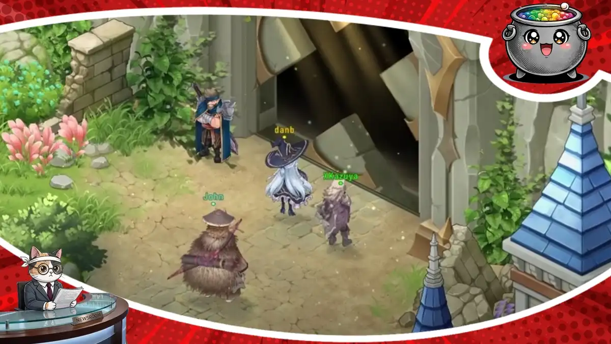 Zrzut ekranu z taktycznej gry RPG Wishseeker prezentujący drużynę bohaterów stojącą przed kamiennym wejściem w rzucie izometrycznym.