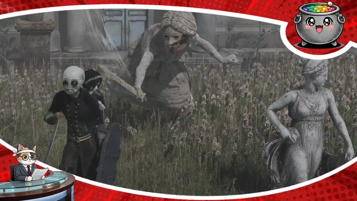 Mroczny zrzut ekranu z gry RPG akcji Withering Realms przedstawiający potwory i zjawiskowe postacie kroczące pośród wysokiej trawy obok klasycznej kamiennej rzeźby.