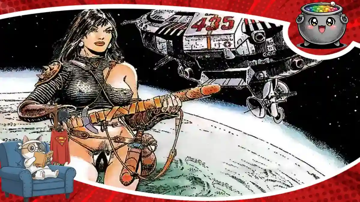 Kadr z komiksu Zaginione horyzonty przedstawiający ciemnowłosą bohaterkę w stroju sci-fi trzymającą broń, na tle statku kosmicznego z numerem 435 i powierzchni planety.