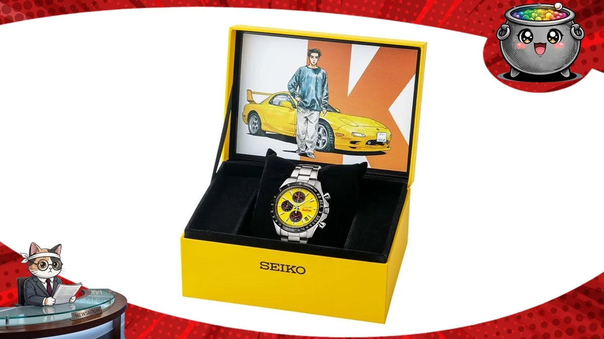 Kolekcjonerski zegarek Seiko w żółtym pudełku z motywem kultowej Mazdy RX-7 Takahashiego Keisuke z anime Initial D, prezentujący unikalny design.