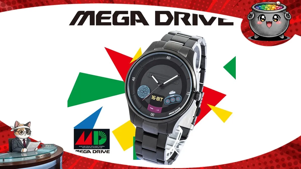 Czarny zegarek Seiko Sega Mega Drive z ozdobną tarczą inspirowaną kultową konsolą retro, zaprezentowany na tle z kolorowymi motywami.