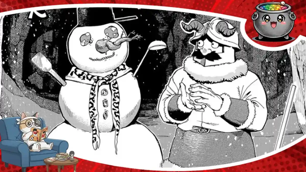 Czarno-biały kadr z recenzji mangi Dungeon Meshi tom 6-8 przedstawiający krasnoluda Senshi stojącego w zimowym stroju obok leśnego bałwana.