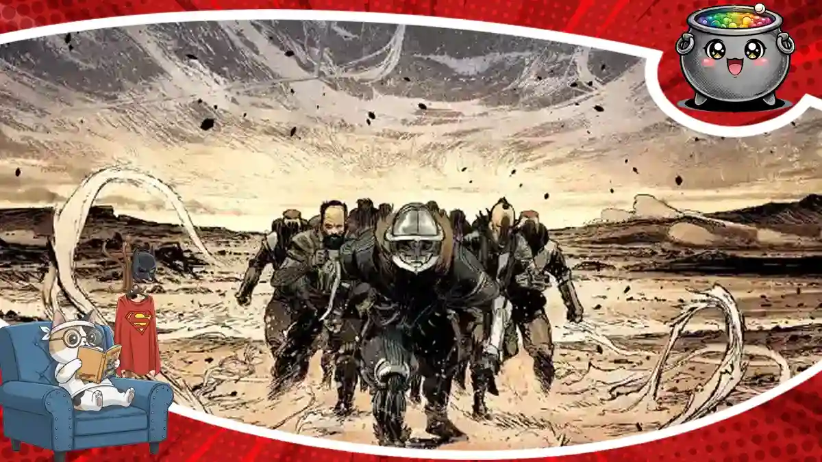Grupa wędrowców przedzierająca się przez piaszczystą pustynię w kadrze komiksu Horda kontrwiatrowa księga 1, stanowiąca ilustrację do recenzji albumu.