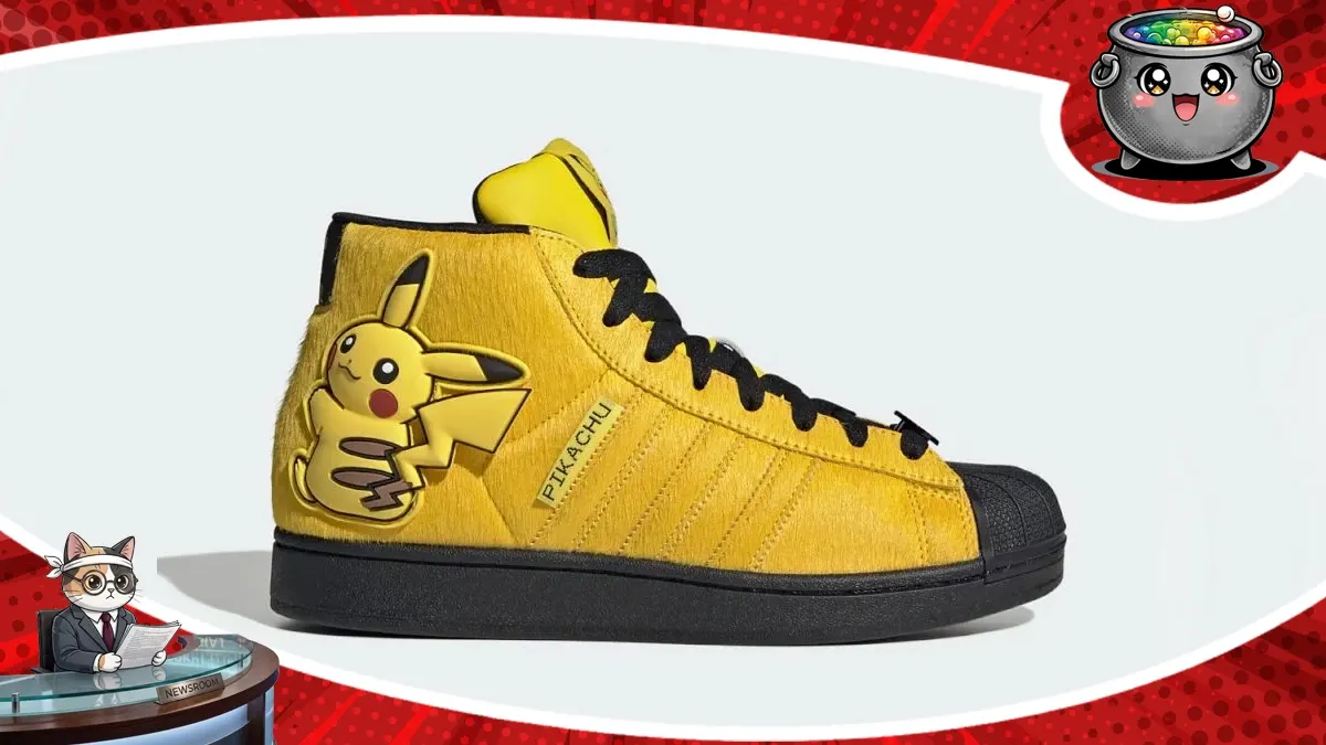 Żółty buty z wysoką cholewką Adidas Superstar z wizerunkiem Pikachu i napisem z kolekcji Pokémon debiutującej w Japonii.
