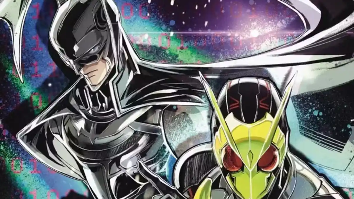 Mroczna postać Batmana oraz japoński superbohater Kamen Rider Zero-One na tle cyfrowego kosmosu w oficjalnie zapowiedzianym crossoverze DC.