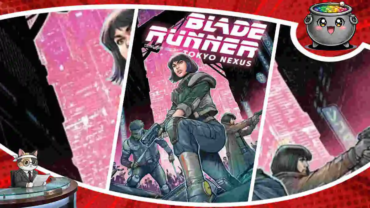 Okładka komiksu Blade Runner Tokyo Nexus przedstawiająca uzbrojoną bohaterkę w cyberpunkowym otoczeniu z różowym podświetleniem.