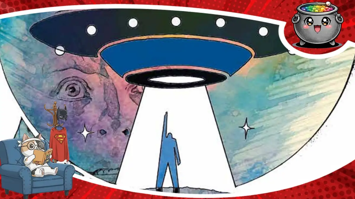 Niezidentyfikowany obiekt latający UFO oświetlający postać promieniem światła w kadrze komiksu Błękitna Księga, stanowiący ilustrację do recenzji.