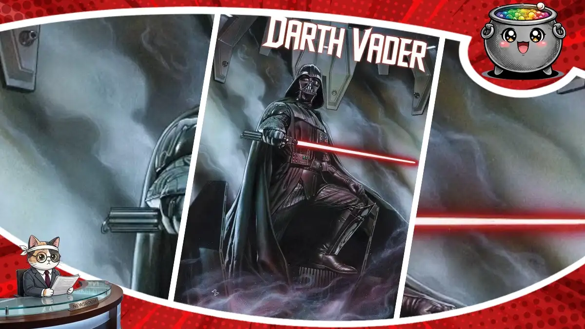 Darth Vader z włączonym czerwonym mieczem świetlnym na kadrze z komiksu Shadows and Secrets, ilustrujący powrót serii na rynek w USA.