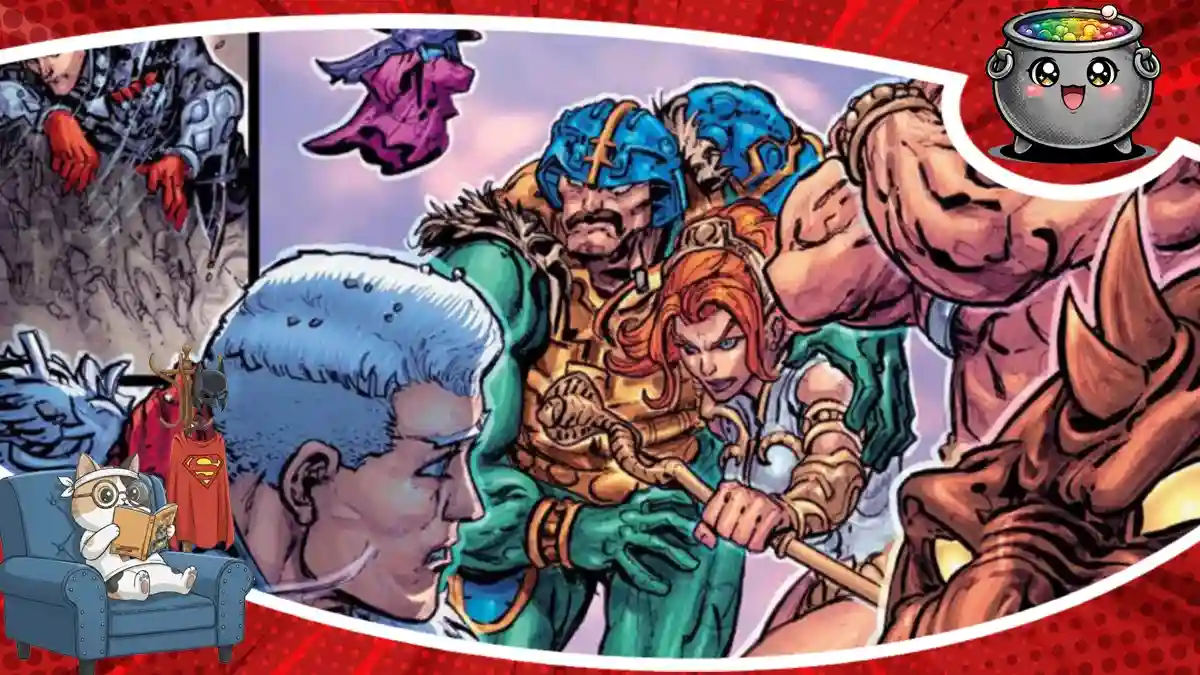 Kadr z komiksu He-Man i władcy wszechświata tom 1 Miecz Skaz przedstawiający dynamiczne postacie, stanowiący ilustrację recenzji tej klasycznej opowieści fantasy.