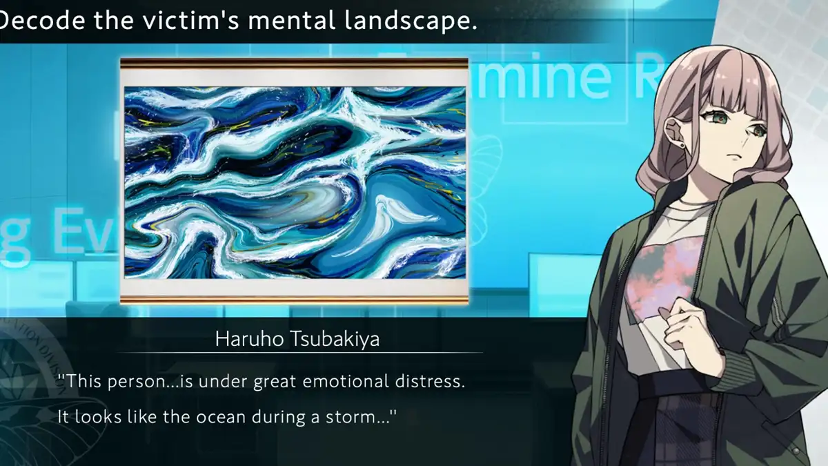 Bohaterka Haruho Tsubakiya analizująca psychikę ofiary na tle niebieskiego obrazu w kryminalnej visual novel ICONOLOGY od Idea Factory.