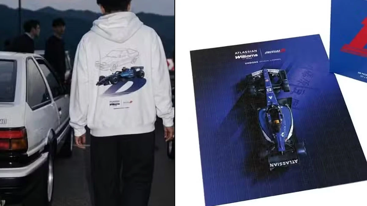 Biała bluza z kapuzą z grafiką Initial D i bolidem Formuły 1 na tle samochodu Toyota AE86 z limitowanej kolekcji gadżetów.