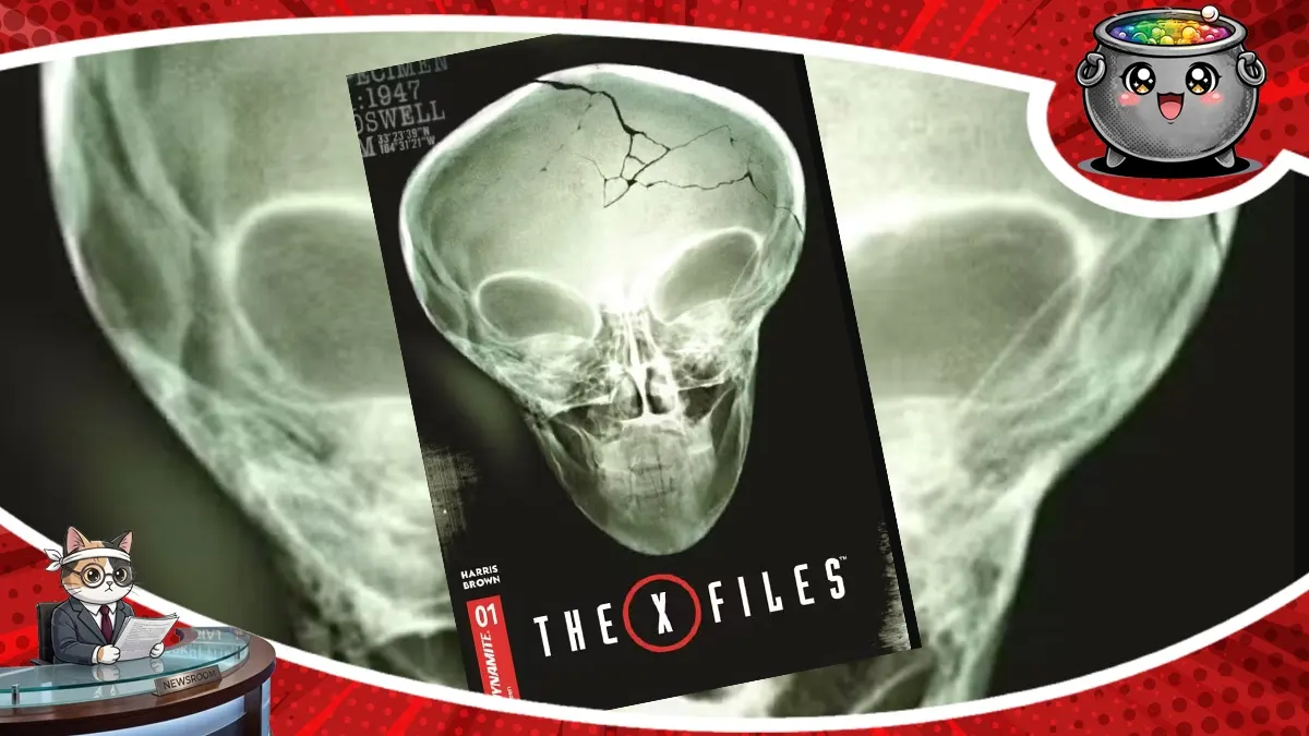 Okładka nowego komiksu The X-Files przedstawiająca czaszkę kosmity z pęknięciem na ciemnym tle, umieszczona na tle prześwietlenia rentgenowskiego.