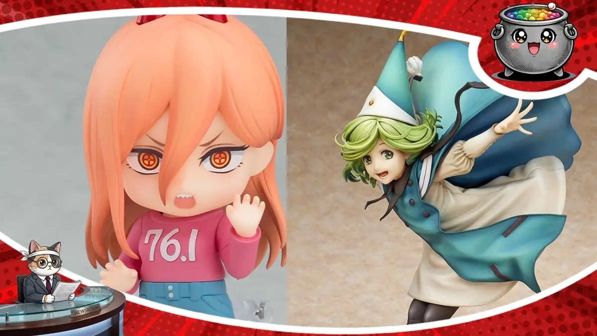 Kolaż przedstawiający figurkę Nendoroid postaci Power z anime Chainsaw Man oraz figurkę Coco z mangi Atelier poszukiwaczy kapeluszy.