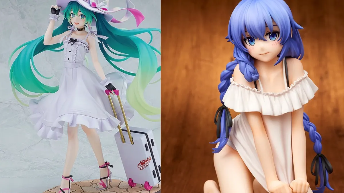 Kolekcjonerskie figurki anime Hatsune Miku z walizką oraz Roxy w białej sukience dostępne w przedsprzedaży obok nowości z postaciami takimi jak Mika.
