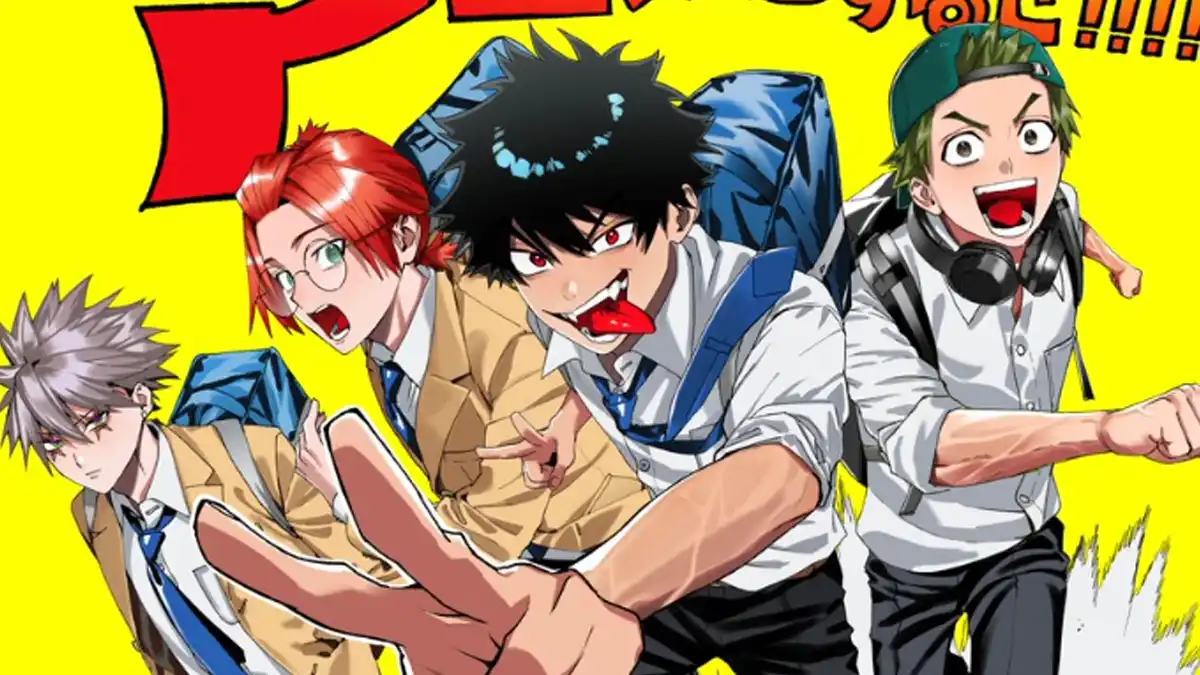 Bohaterowie mangi Phantom Busters autorstwa Neoshoco na żółtym tle w zapowiedzi adaptacji anime z datą premiery planowaną na 2027 rok.