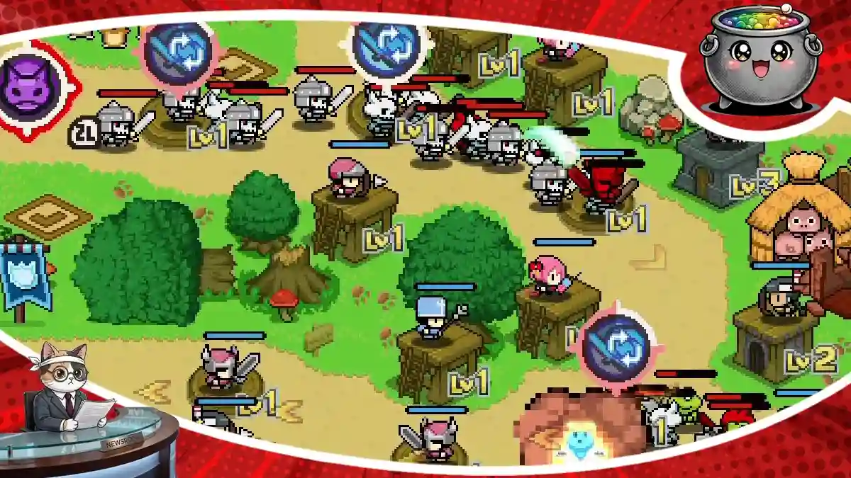 Pikselowa rozgrywka w gry tower defense PixelHeroScramble Plus pokazująca walkę własnej armii jednostek na planszy strategicznej.