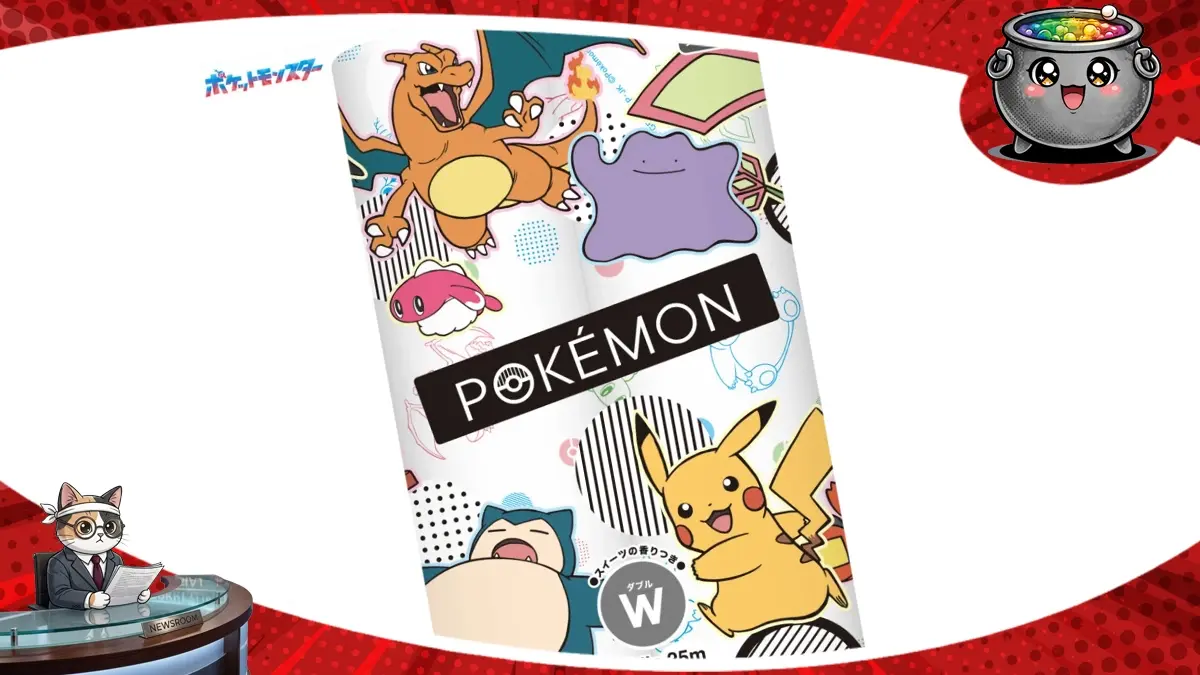 Opakowanie papieru toaletowego z motywem Pokémon przedstawiające nadrukowane postaci takie jak Pikachu, Charizard, Ditto oraz Snorlax.