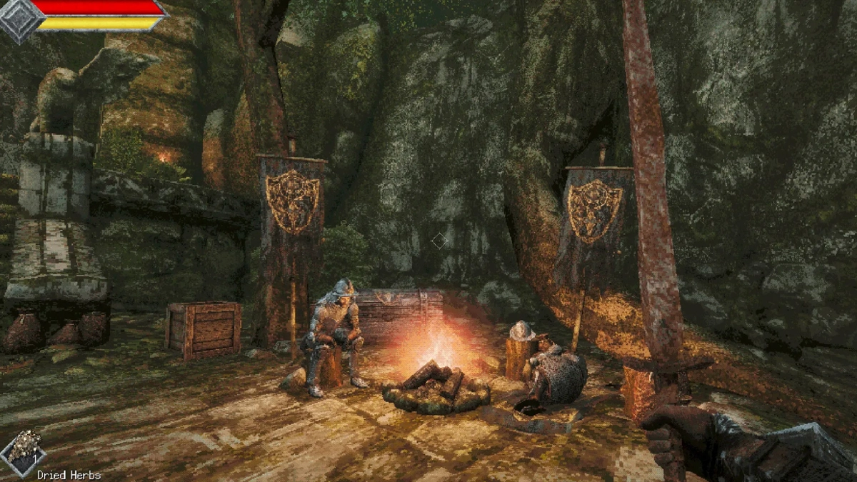 Postaci odpoczywające przy ognisku w lesie w grze RPG Queen’s Domain, która zmierza na PC, PS5, Xbox Series X/S i Switcha z datą premiery.