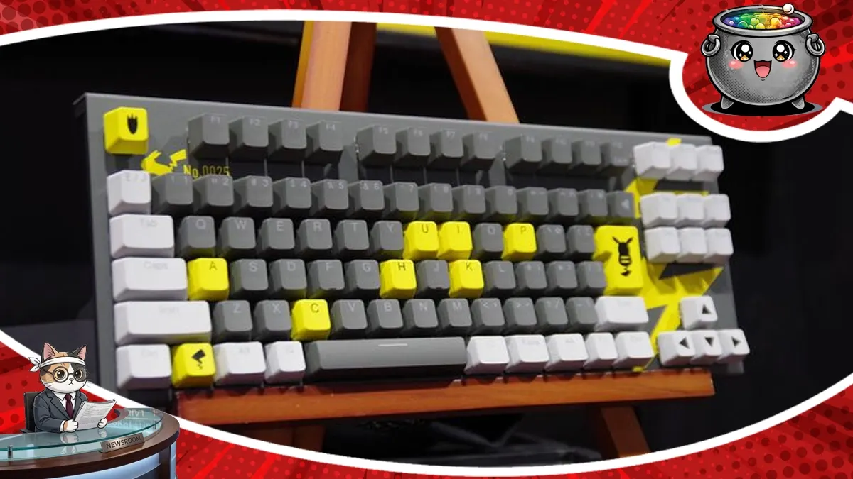 Limitowana klawiatura mechaniczna REALFORCE GX1 Plus Pikachu Edition z żółto-szarymi klawiszami i akcentami Pokémon, wyeksponowana na stojaku.