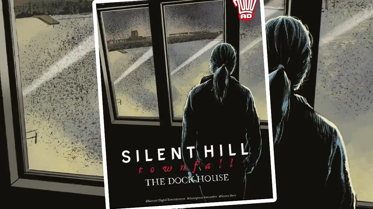 Okładka komiksu The Dock House ze świata gra Silent Hill: Townfall zmierzającej na PC oraz PS5, przedstawiająca postać w oknie.