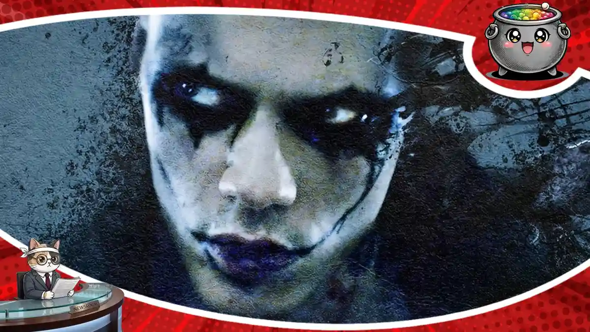 Charakterystyczna twarz w ikonicznym makijażu z filmu The Crow, stanowiąca ilustrację newsa o książce opisującej historię serii z udziałem Brandona Lee i Billa Skarsgårda.