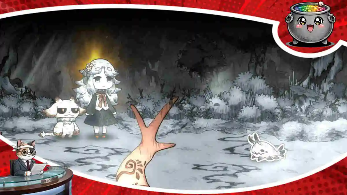 Dwuwymiarowa, rysunkowa scena z gry The Grimm Reapress and the Drearytale Monster przedstawiająca postać księżniczki, stworzenie i drzewo w ponurym otoczeniu.
