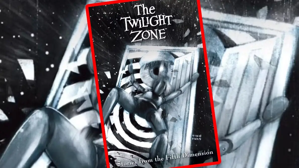 Mroczna okładka komiksu The Twilight Zone przedstawiająca surrealistyczne motywy grozy zapowiadające pięć nowych historii ze Strefy Mroku.