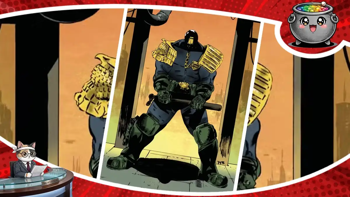 Mroczna postać w pancerzu w komiksie Total Judge Dredd przedstawiająca nową, brutalną wersję kultowego Sędziego Dredda stojącego po drugiej stronie.
