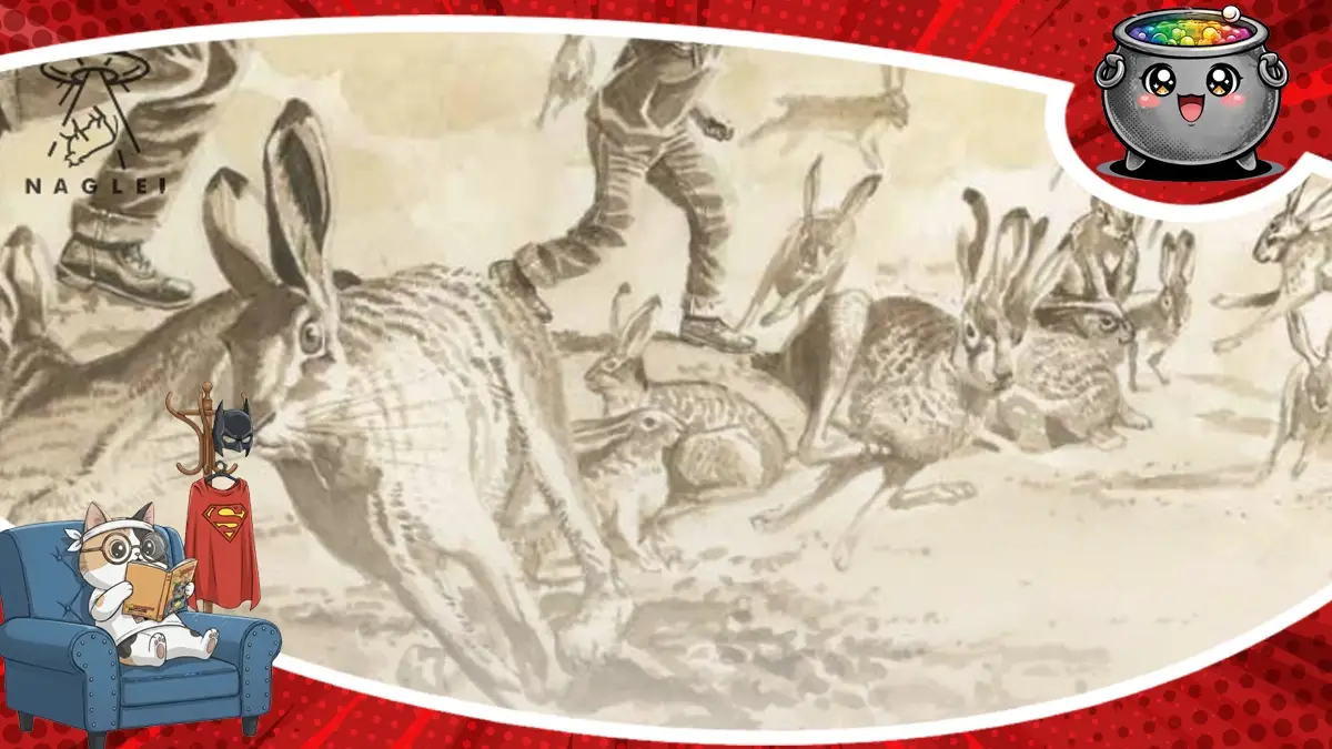 Kadr z komiksu W proch się obrócisz przedstawiający uciekające zające na tle sylwetki człowieka, stanowiący ilustrację recenzji albumu od Nagle Comics.