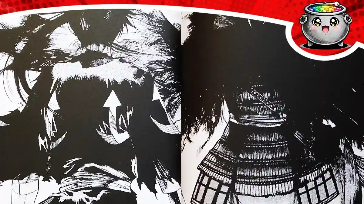 Czarno-biała ilustracja z mangi Dororo i Hyakkimaru przedstawiająca postać od tyłu w dynamicznym kadrze.