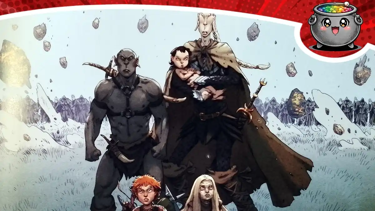 Grupa bohaterów fantasy na tle latających odłamków i armii postaci w kapturach. Ilustracja promująca recenzję drugiego tomu komiksu Wollodrin.
