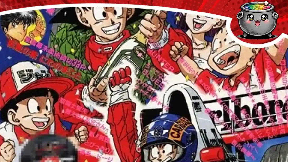 Szkic Akiry Toriyamy przedstawiający Son Goku i inne postacie w czerwonych kombinezonach wyścigowych obok bolidu F1 zespołu McLaren.