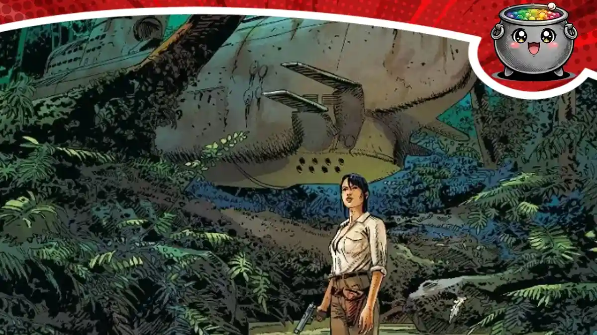 Kadr z komiksu Amazonia przedstawiający bohaterkę z pistoletem na tle tajemniczej konstrukcji w dżungli. Recenzja ocenia wciągający album science fiction.