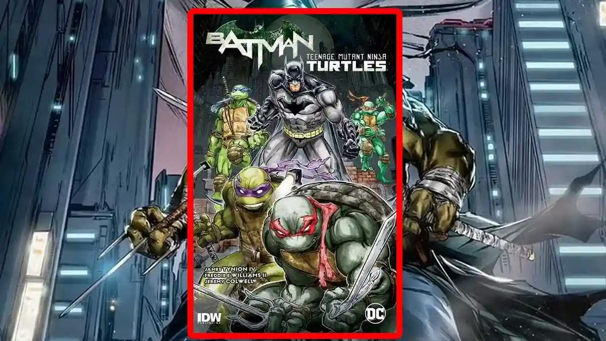 Okładka komiksu Batman Teenage Mutant Ninja Turtles przedstawiająca Batmana w otoczeniu Wojowniczych Żółwi Ninja. Grafika zapowiadająca nowe wydanie kultowego crossovera.