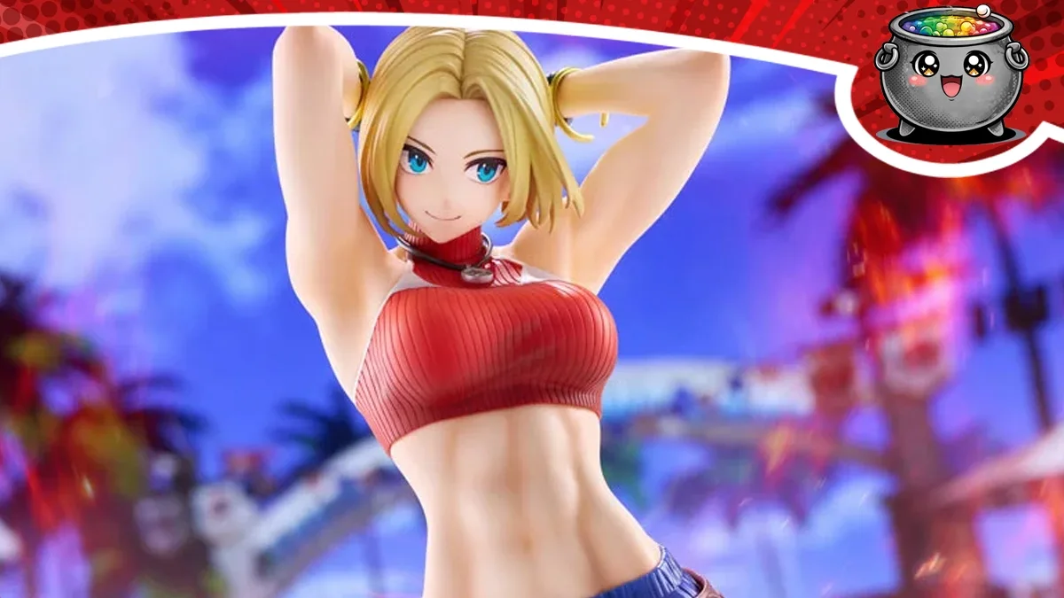 Kolekcjonerska figurka Blue Mary z gry The King of Fighters XV z rękami podniesionymi za głowę.