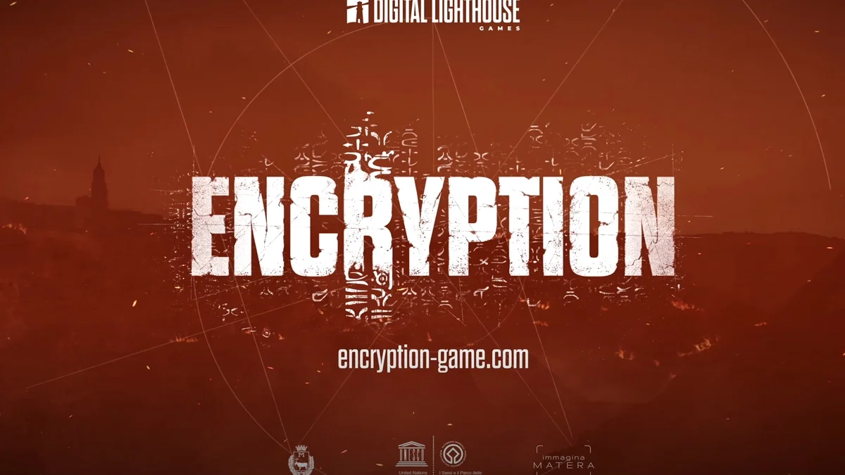 Tytułowy logotyp gry Encryption od studia Digital Lighthouse Games na tle pożaru. Psychologiczny horror pierwszoosobowy zadebiutuje w 2027 roku na PC (Steam).