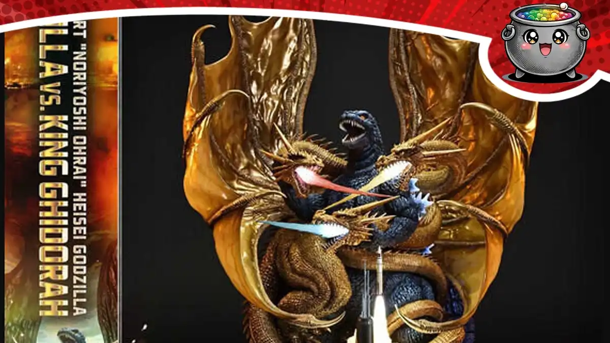 Kolekcjonerska figurka przedstawiająca pojedynek Godzilli ze złotym potworem King Ghidorah.