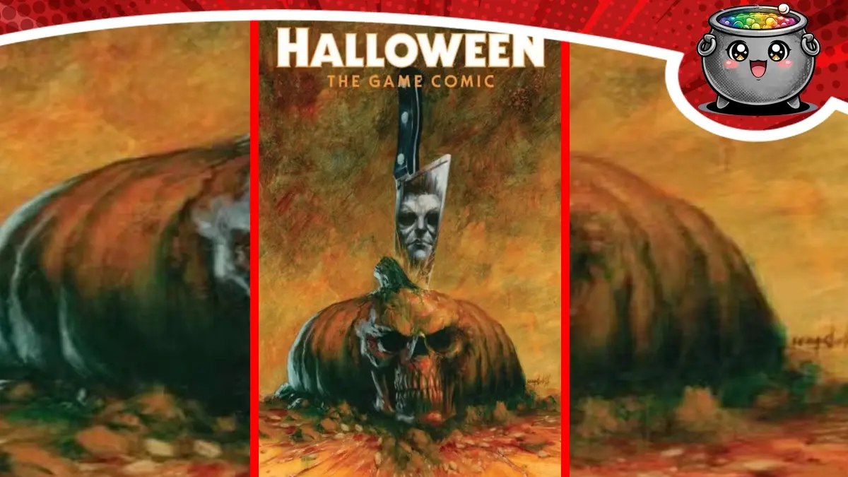 Okładka komiksu Halloween The Game Comic przedstawiająca wyciętą dynię oraz ostrze noża z odbiciem maski Michaela Myersa.