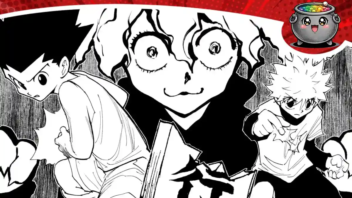 Czarno-białe kadry z mangi Hunter x Hunter przedstawiające Gona, Killuę oraz Neferpitou.