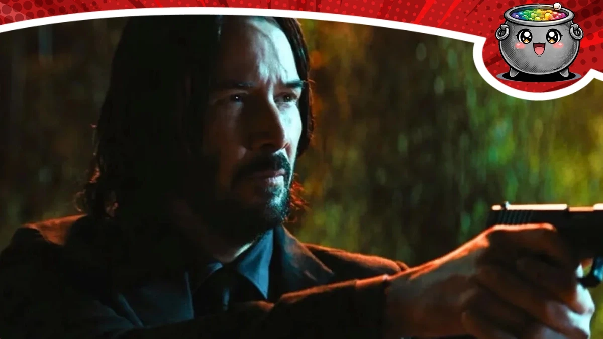 Kadr z filmu przedstawiający Keanu Reevesa celującego z broni.