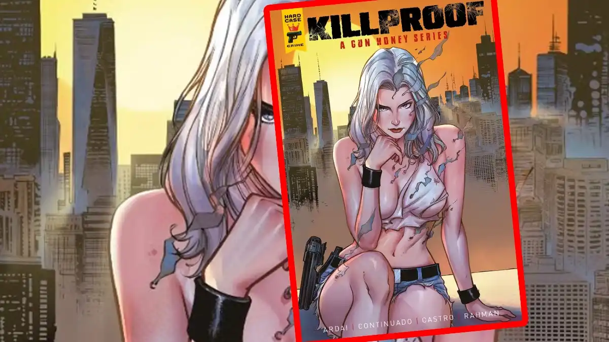 Okładka komiksu Killproof z cyklu Gun Honey z bohaterką Evie Parker na tle panoramy miasta. Nowy spin-off zadebiutuje na rynku w 2027 roku.