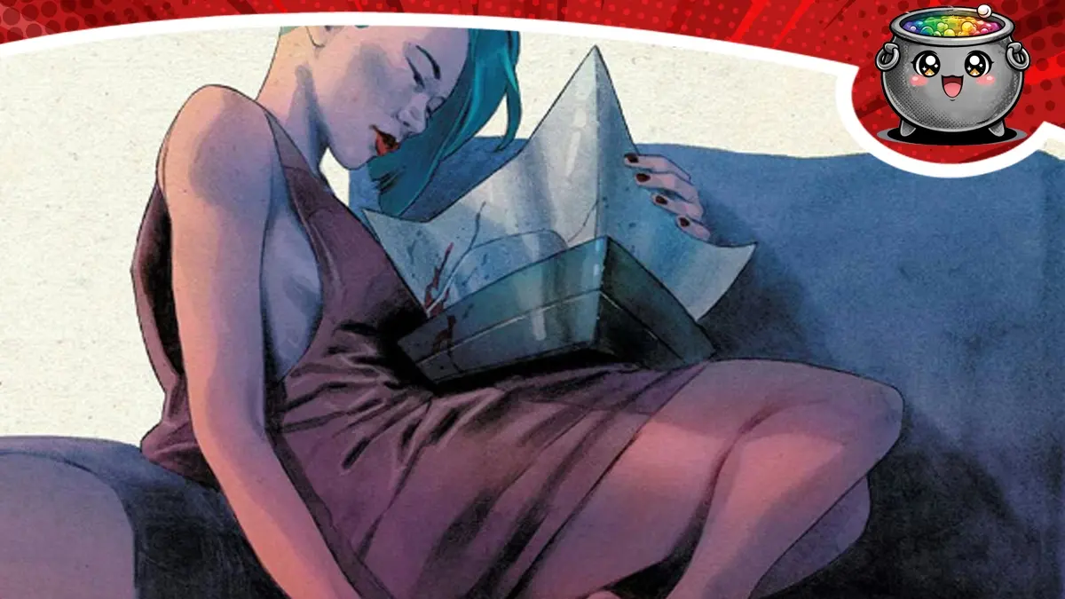 Dziewczyna trzymająca papierową łódkę we krwi na kanapie. Ilustracja promująca szczegółową recenzję komiksu Klub Blaszanej Puszki.