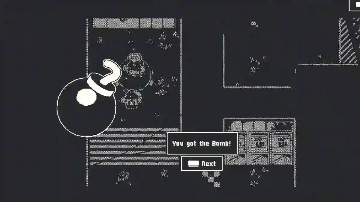 Czarno-biała pikselowa rozgrywka z gry Lelu, w której postać zdobywa bombę. Monochromatyczna metroidvania o ożywionej zabawce z Dacią premiery 21 stycznia 2027 roku na PC, Xbox Series X/S i Nintendo Switch 2