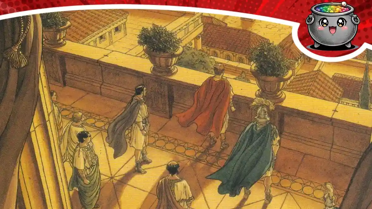 Kadr z komiksu Murena: Cykl drugi: Żona ukazujący Rzymian na tarasie. Recenzja komiksu historycznego analizuje losy bohaterów w starożytnym Rzymie.