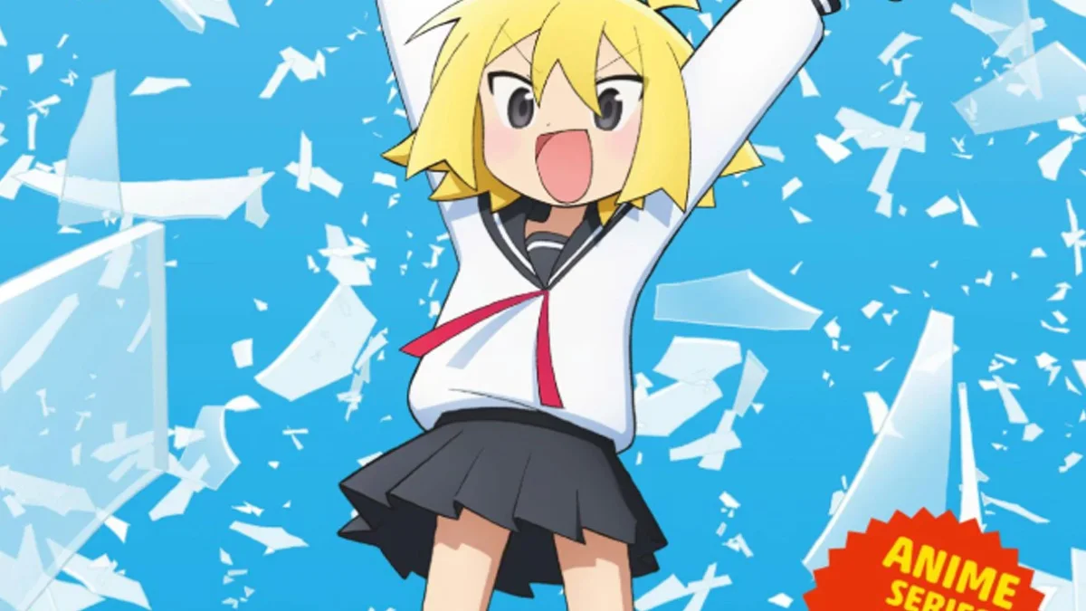 Blond postać w szkolnym mundurku na tle tłuczonego szkła i niebieskiego tła. Grafika zapowiadająca adaptację anime mangi Null-Meta, której premiera odbędzie się w 2027 roku.